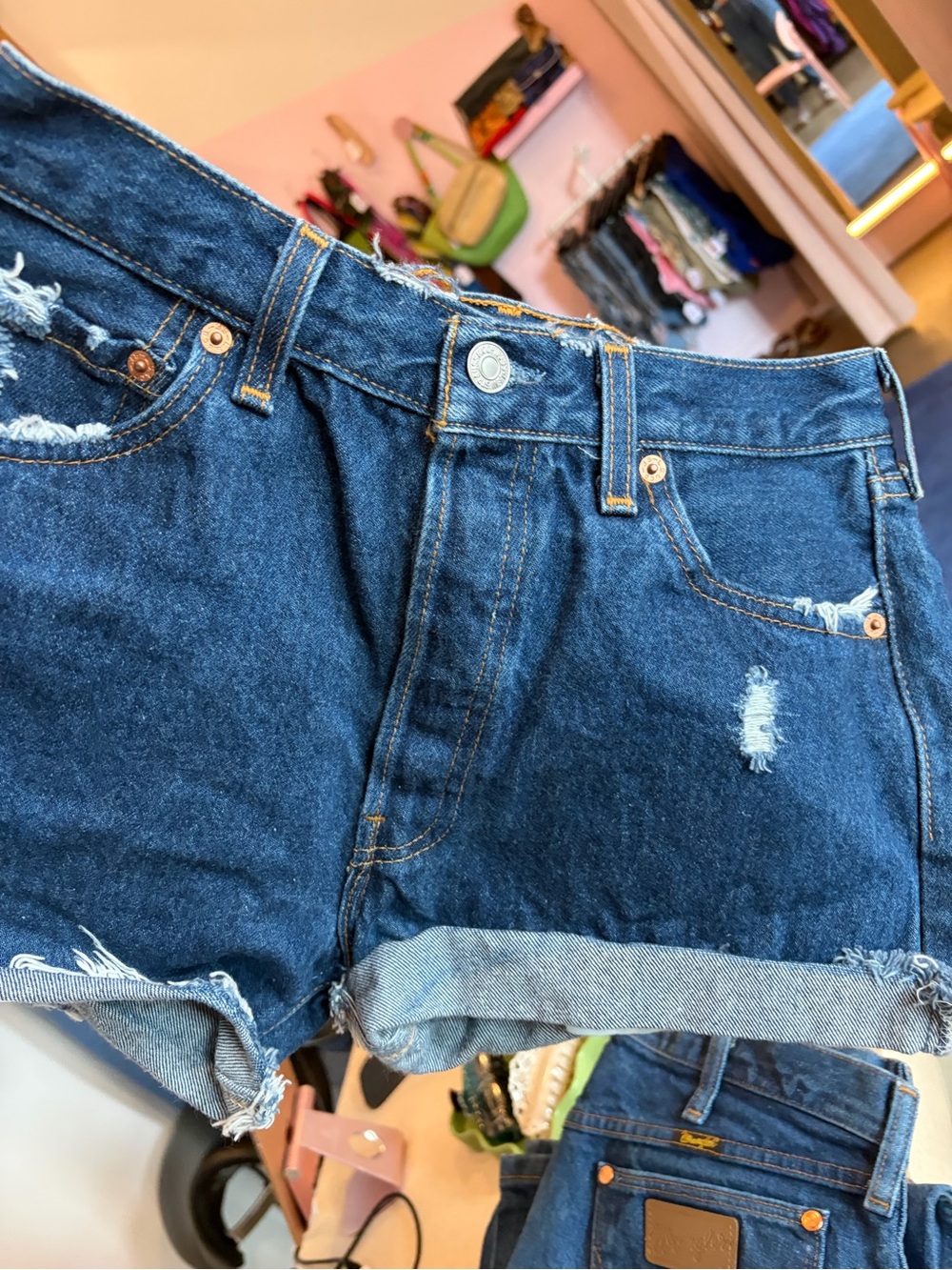 Vintage 501 Levi's Dark Blue Distressed button fly Denim cut off Shorts, size 30